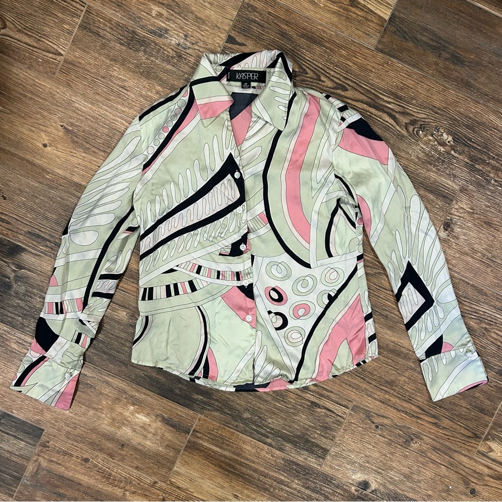 Vintage Kasper 100% Silk Blouse – Abstract Print | Size 4P